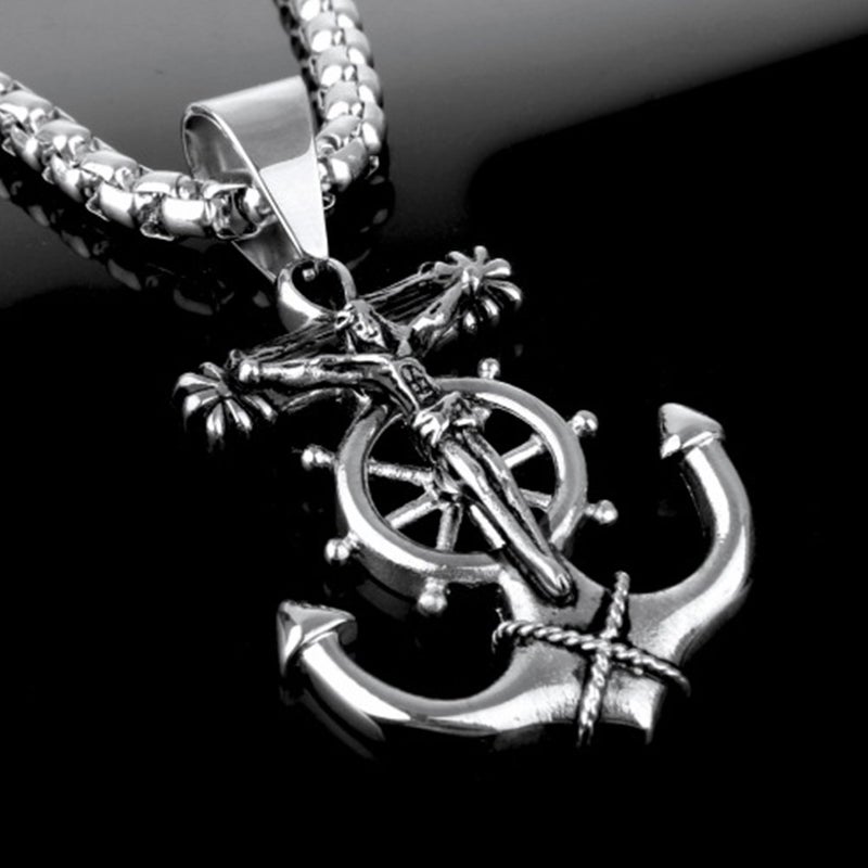 JAJAFOOK Men's Stainless Steel Silver Nautical Anchor Jesus Cross Necklace Chain Link - Image 3